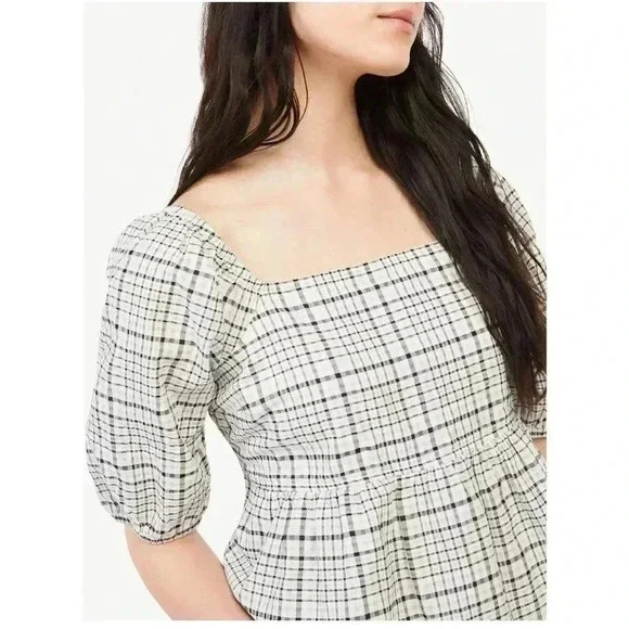 Free Assembly Size XS Ivory Plaid Organic Cotton Women's Puff Sleeve Blouse Top - Picture 4 of 15